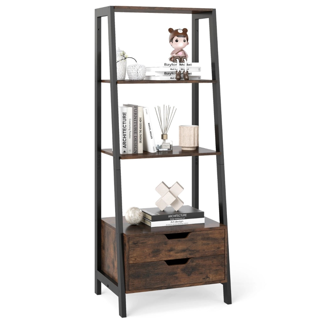 Libreria a scala con cassetti per camera da letto ufficio a casa-Alto scaffale autoportante con 4 ripiani aperti e 2 cassetti Marrone