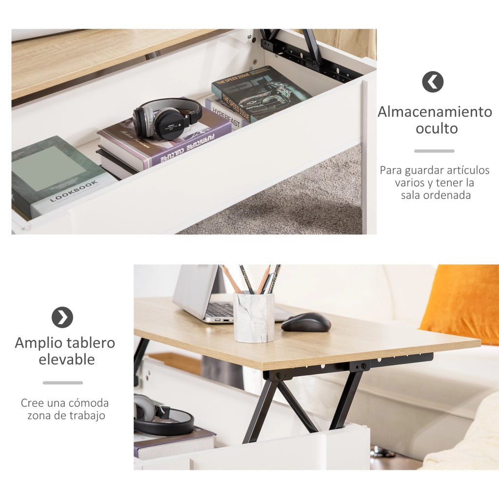 Tavolino da caff¨¨ elevabile con piano elevabile e spazio di stoccaggio nascosto ¨C Minimal ¨C 100x50x45-58,5 cm bianco e naturale