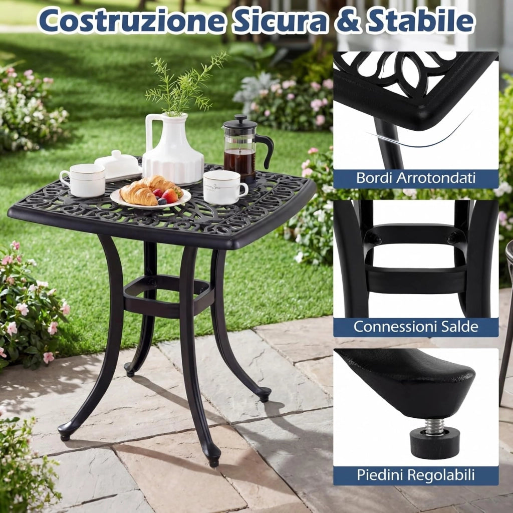 Tavolino da Esterno in Alluminio, con Foro per Ombrellone, Quadrato Antiruggine, per Giardino, Veranda e Balcone, Portata 120 kg