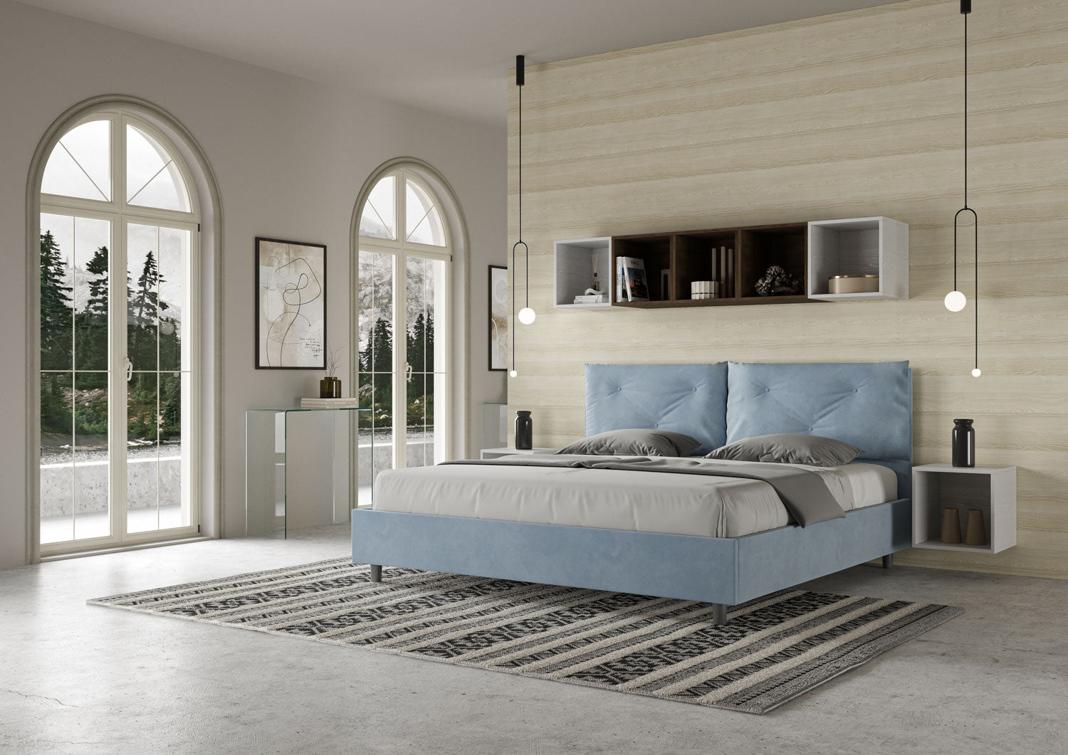 Letto Matrimoniale King Size 200x200 cm con Rete Imbottito in Microfibra Appia Large Azzurro