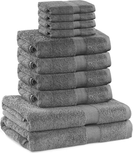 Set di asciugamani 100x 200 di alta qualità 525 g/m², con 4 asciugamani di servizio 30x50 cm, 4 asciugamani 50x100 cm e 2 asciugamani per doccia 70x140 cm in acciaio grigio argentato, assorbenti.