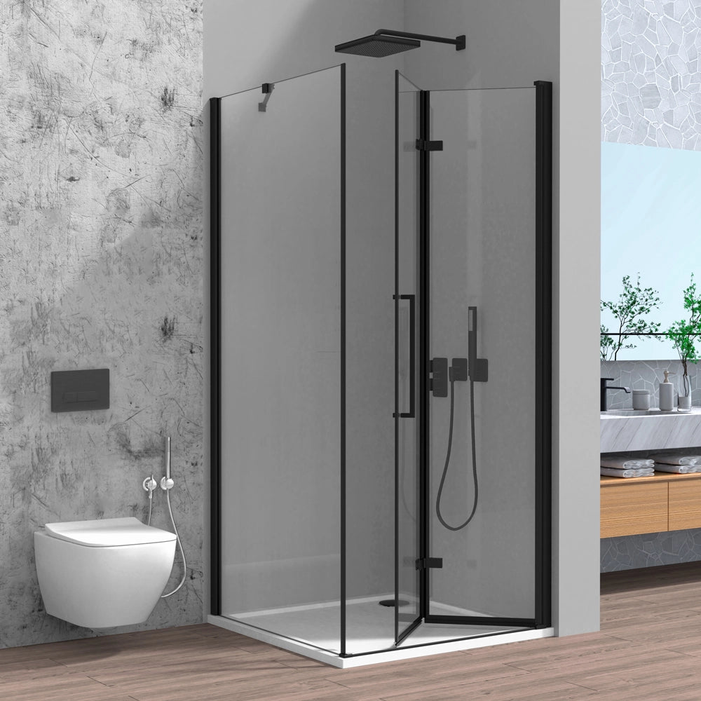 Box doccia angolare a soffietto 90x70 in vetro temperato trasparente con profili nero opaco Neos