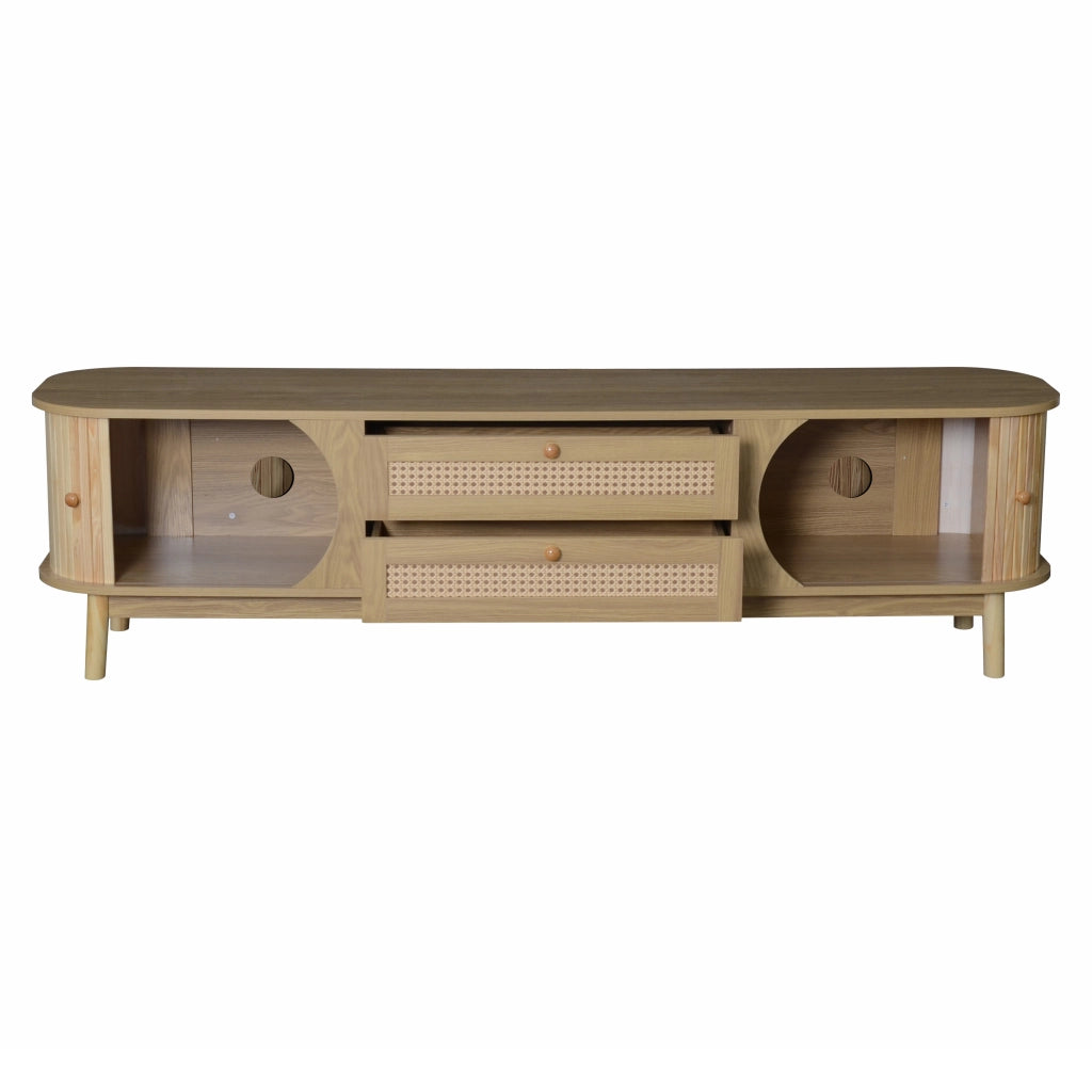 OKWISH Mobile TV con Ante e Cassetti, Frontali Effetto Rattan, Stile Naturale per Soggiorno, MDF e Legno Massello, 170×39,5×46 cm