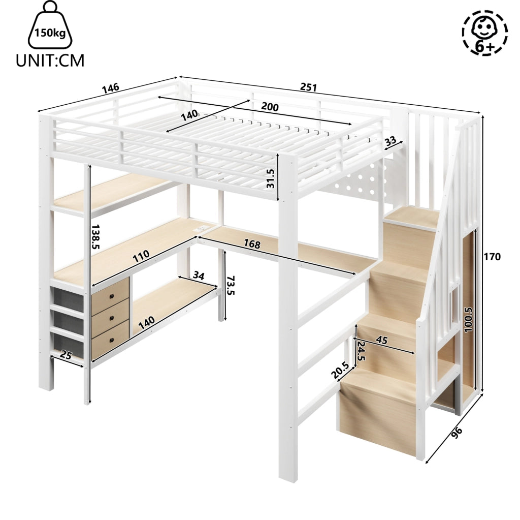 Letto a soppalco 140x200 cm con scrivania, LED e cassetti