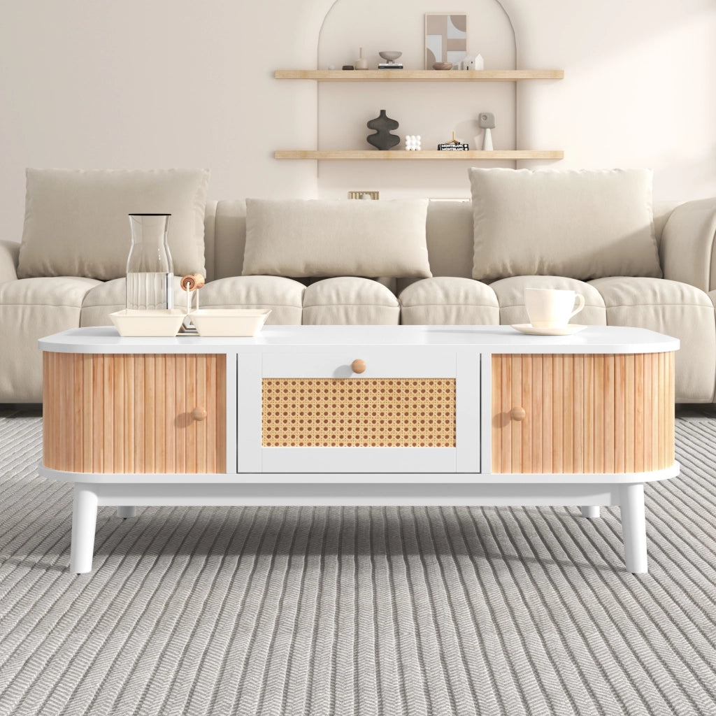 Tavolino da caffè 110x55x38.5 cm; con ampio spazio contenitore; MDF; bianco e colore naturale