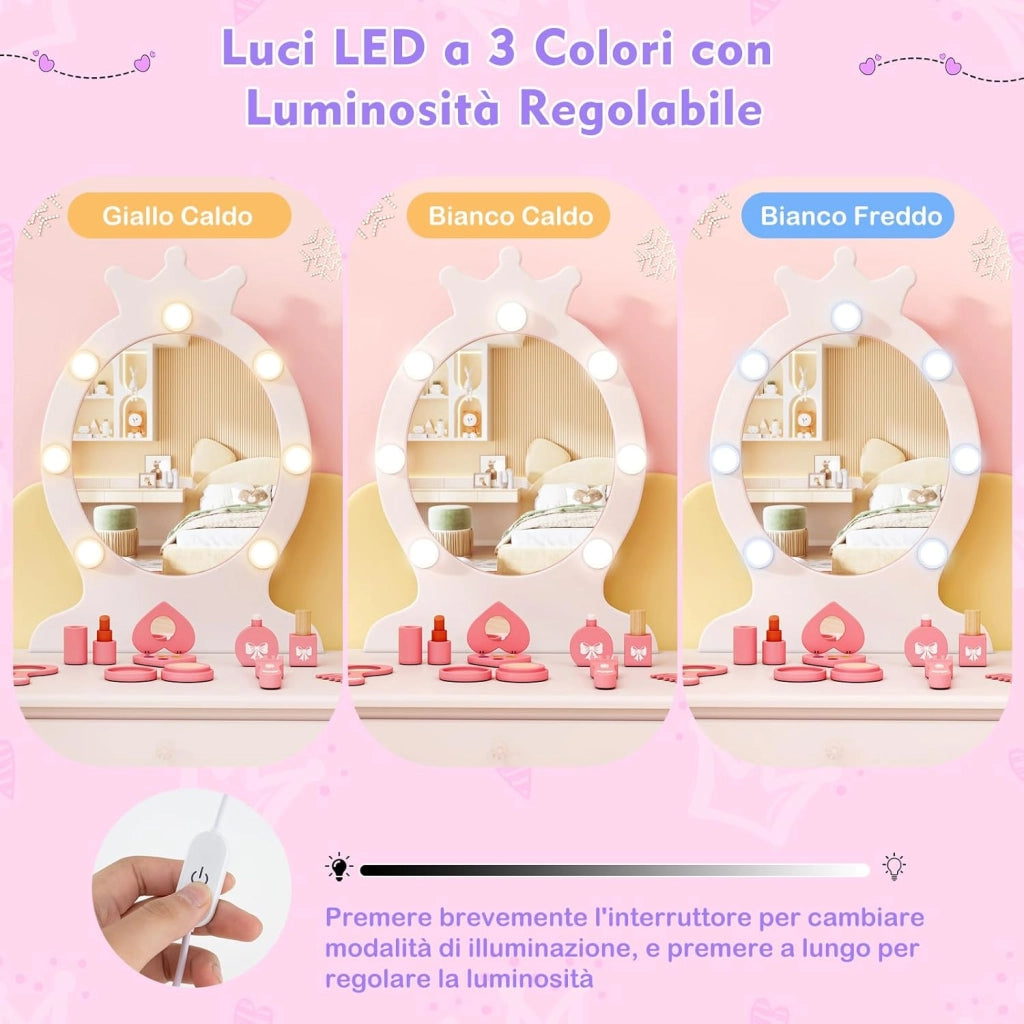 Set Toeletta Trucco per Bambina con Sgabello, Specchiera Trucco Staccabile con Luci LED a 3 Colori, Postazione Trucco Giocattolo con Cassetto e Accessori, per Bambine di 3-7 Anni (Bianco)