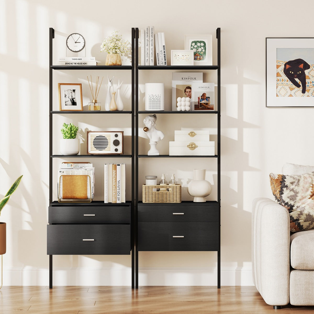 Libreria a scala a 6 ripiani con 2 cassetti e struttura in metallo-Libreria a scala da parete alto 184 cm Nero