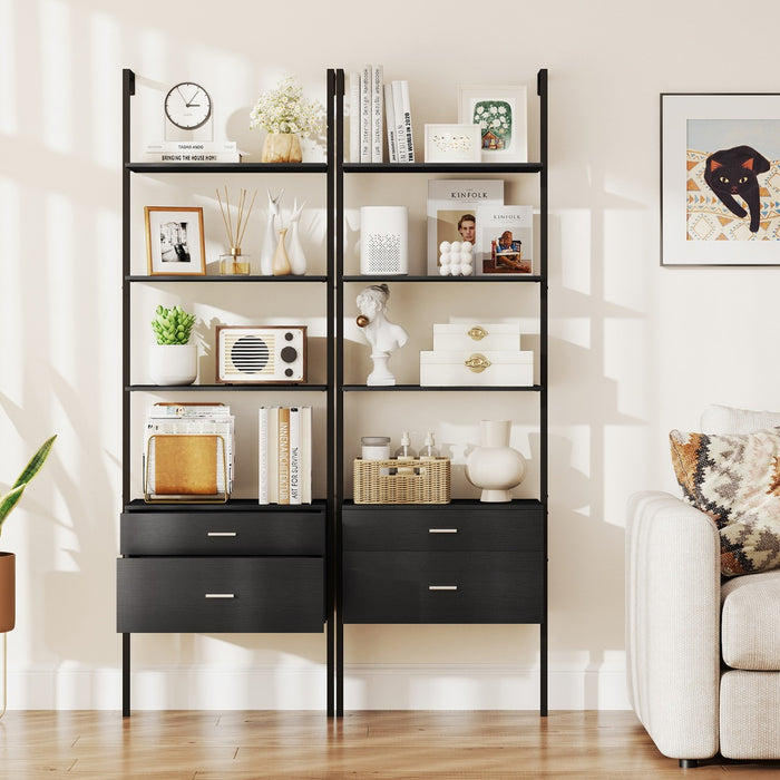 Libreria a scala a 6 ripiani con 2 cassetti e struttura in metallo-Libreria a scala da parete alto 184 cm Nero