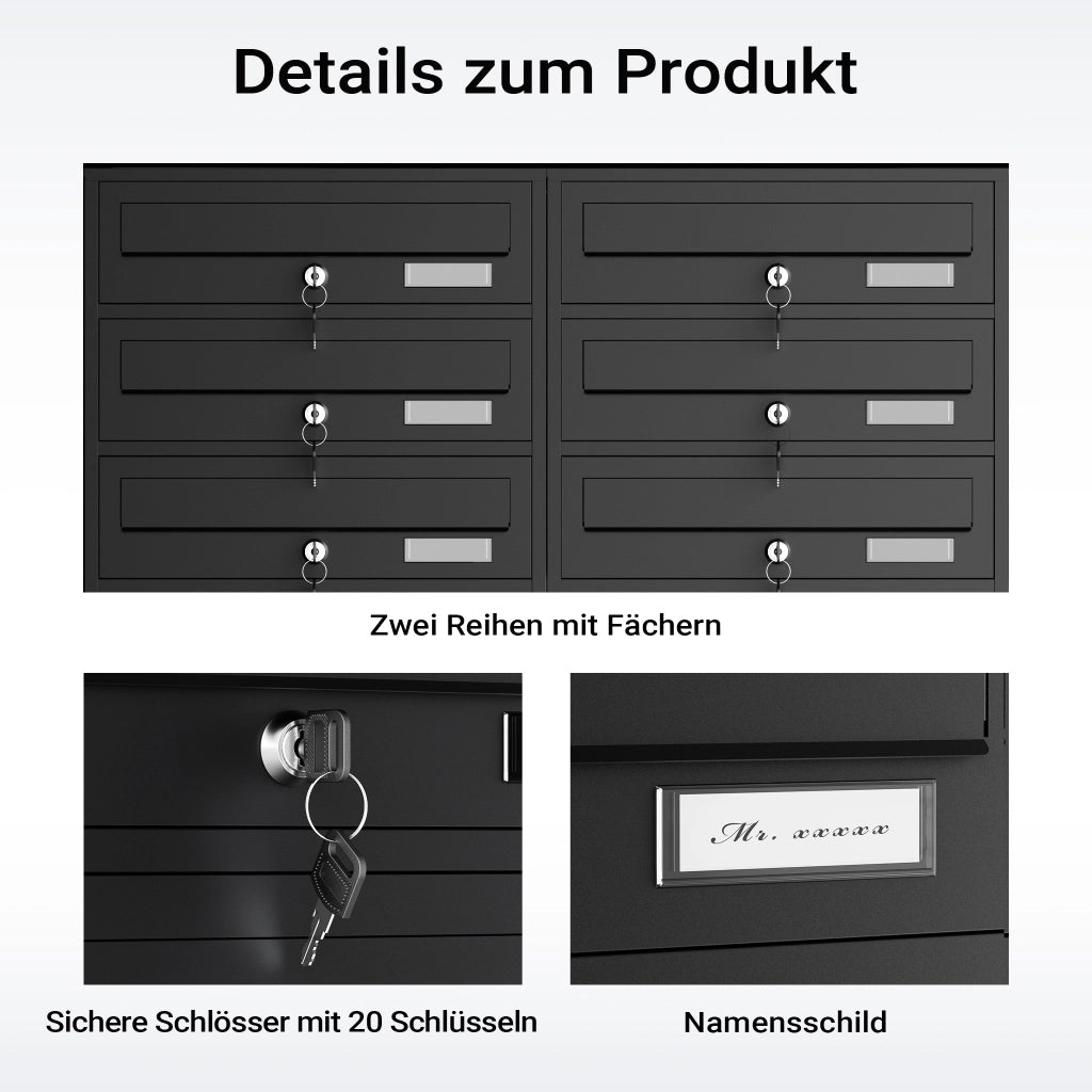 Cassetta postale condominiale autoportante, 10 posti, nero, 945 x 270 x 1500 mm 2 moduli