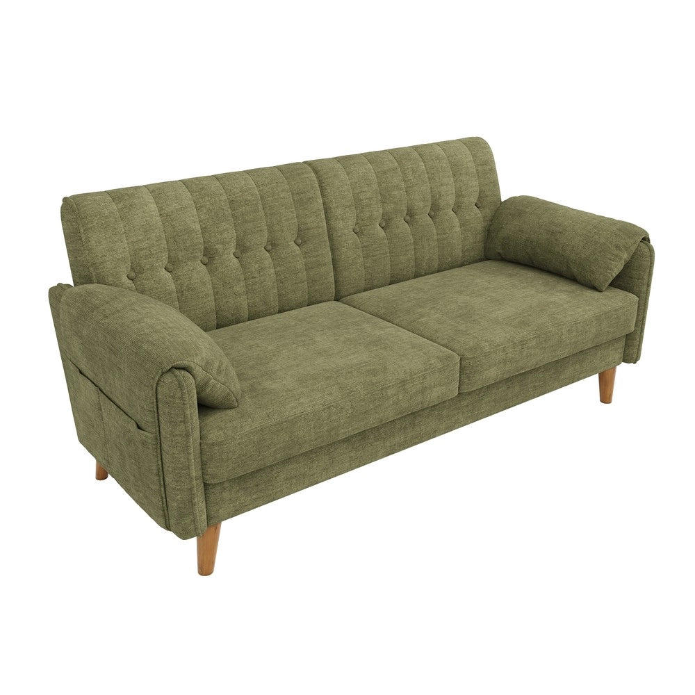 Divano 2 posti ¨C Minimal ¨C Verde tessuto imbottito gambe legno massello con braccioli e cuscini