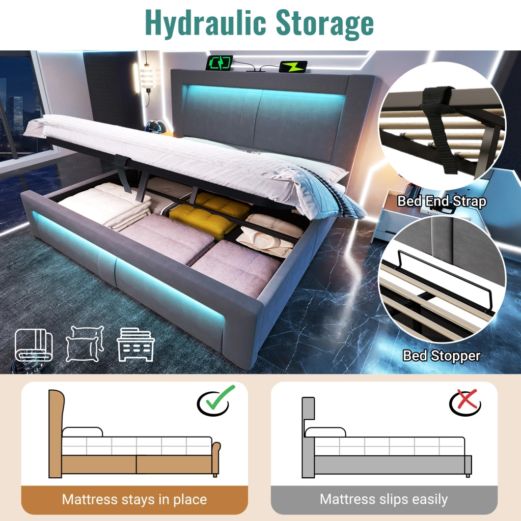 Letto contenitore 160x200 cm idraulico con LED; USB e Type-C; velluto grigio