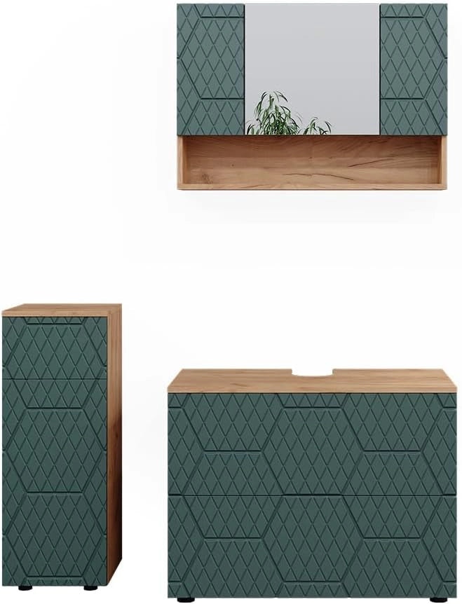 Set mobili bagno Irma, Quercia verde/oro, 3 pezzi, con cassettiera e mobile midi