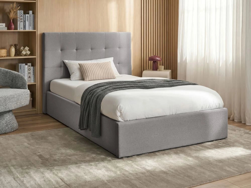 Letto matrimoniale con contenitore portaoggetti e testiera imbottita 120x200 cm in tessuto grigio