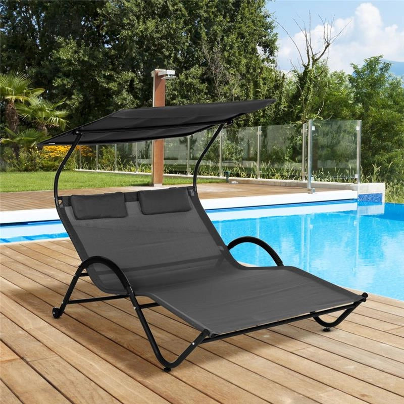 LETTINO PRENDISOLE RECLINABILE A 2 POSTI CON RUOTE, POGGIATESTA IMBOTTITO E TETTO, 200X137X138 CM, GRIGIO