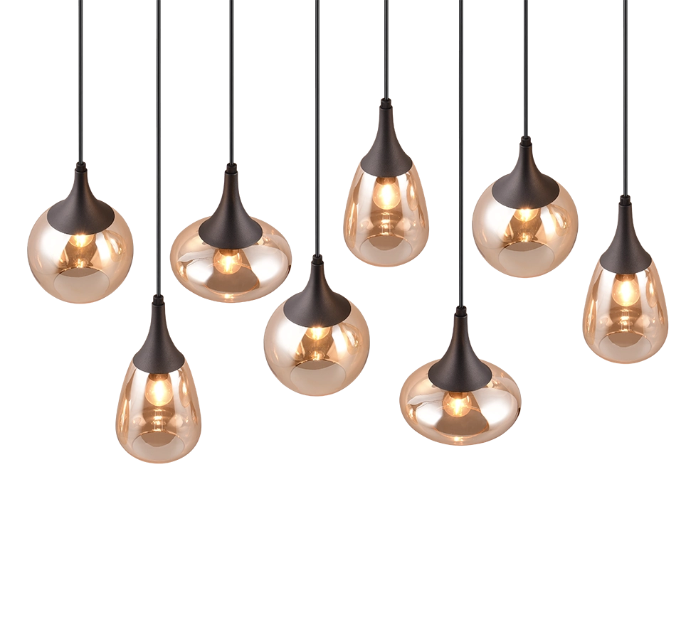 Lampada a sospensione 8 diffusori, vetro, nero e ambra, L 121 cm, Lumina
