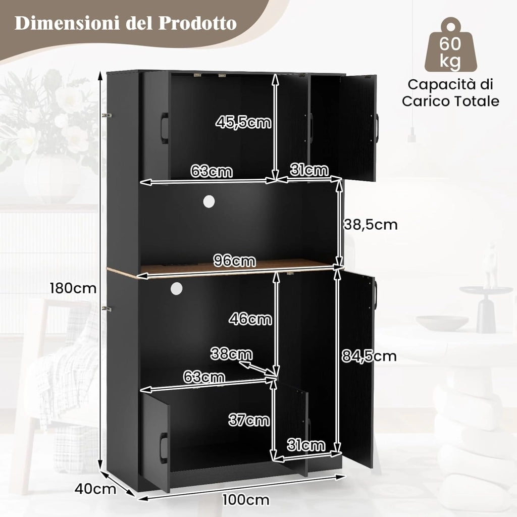 Armadio Dispensa Alto 180 cm, Credenza da Cucina con Presa di Corrente e 4 Ante, per Cucina, Sala da Pranzo e Soggiorno, 100 x 40 x 180 cm (Nero)