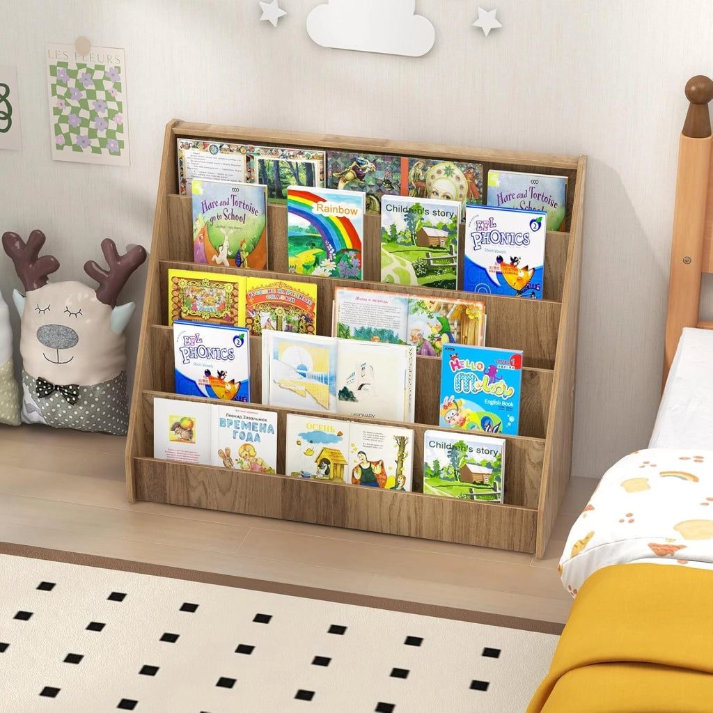 Libreria Montessoriana per Bambini a 5 Livelli, Scaffali Espositivi con Spazio Nascosto sul Retro e Antiribaltamento, per Cameretta, Soggiorno e Asilo Nido, 91 x 38 x 76,5 cm (Naturale)