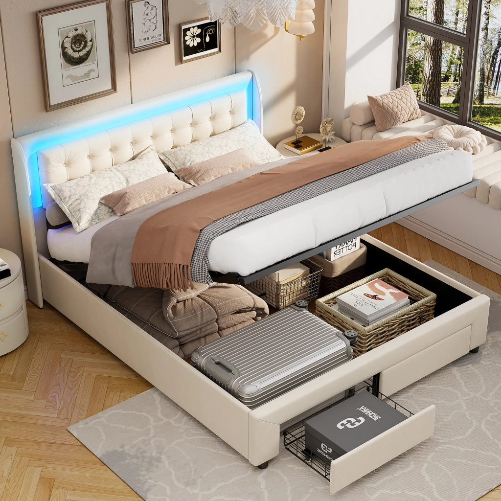 Letto imbottito con cassetto e LED in tessuto beige