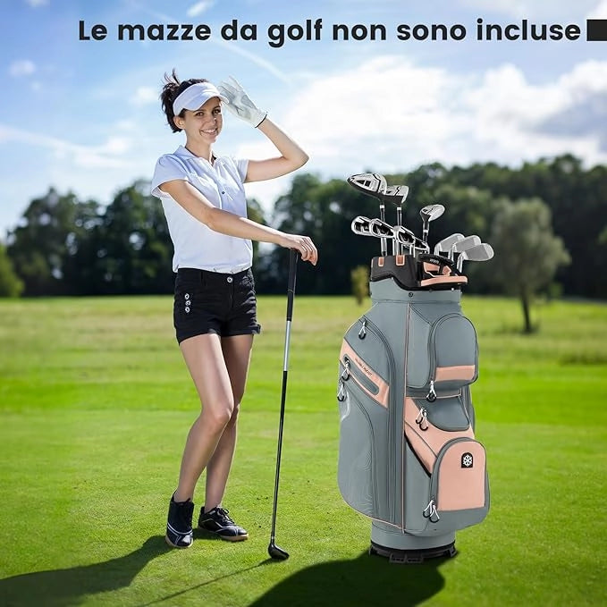 Borsa Carrello da Golf, Sacca da Golf con Serratura e Divisori a 14 Vie, 11 Tasche, Sacca Isolante, Tracolla Imbottita, Maniglie, Porta Ombrello e Cappuccio Antipioggia