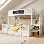 DESMIU Letto a castello per bambini 90 × 200 e 140 × 200 cm con lavagna, cassetti, senza materasso, legno bianco