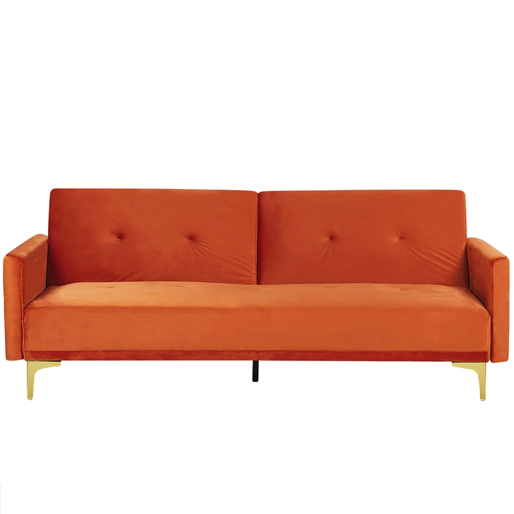 Moderno Divano Letto a 3 Posti Rivestito in Velluto Arancione Piedini Cromati