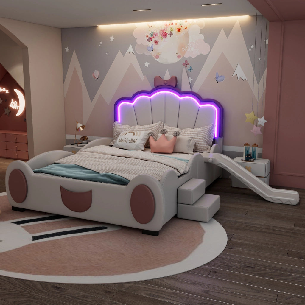 Letto per bambini 140x200 cm a farfalla con LED e scivolo