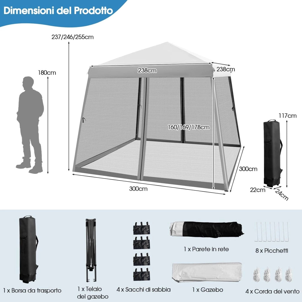 Gazebo Pop-up da Giardino 3 x 3 m, Tenda per Feste con Altezza Regolabile (237/255/246 cm), Gazebo Pieghevole da Esterno con Rete Impermeabile, per Campeggio, Giardino, Mercato (Grigio)