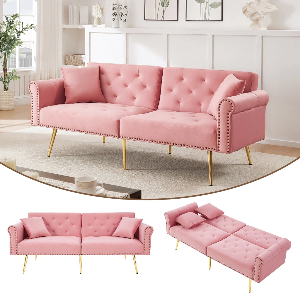 Divano letto 2 posti - con schienale regolabile e cuscini - in velluto rosa