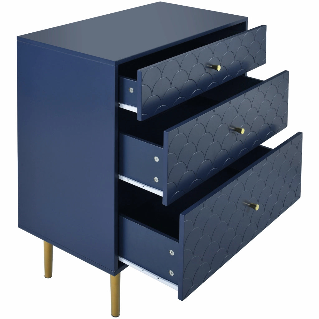 OKWISH Comò con 3 Cassetti, Frontale con Motivo a Scaglie e Gambe in Metallo, Legno e Metallo, Blu Navy, 75 x 40 x 89 cm