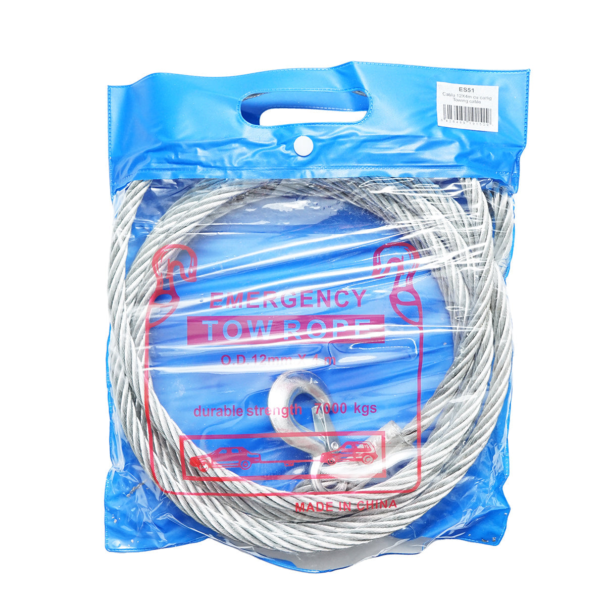 Cavo/fune in acciaio per verricello con spessore di 12 mm e lunghezza di 4 m, gancio e anello per il traino o il sollevamento