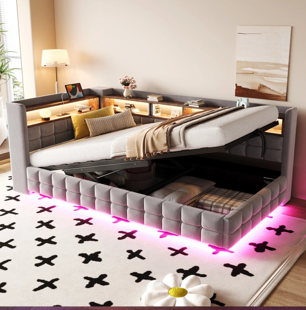 Letto imbottito multifunzionale 90x200 cm con vano contenitore, LED e prese integrate