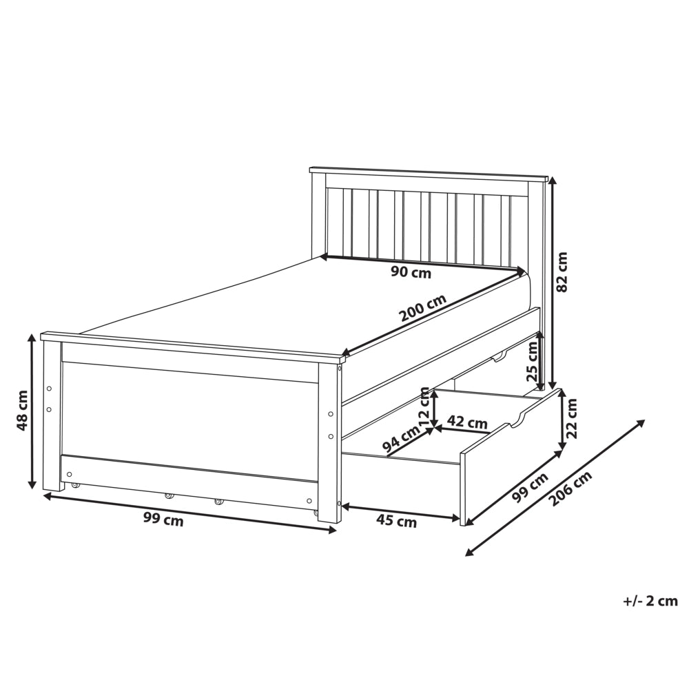 Letto singolo Legno di Pino Bianco con Rete a Doghe Minimalista 90 x 200 cm Testiera a doghe minimalista con 4 cassetti