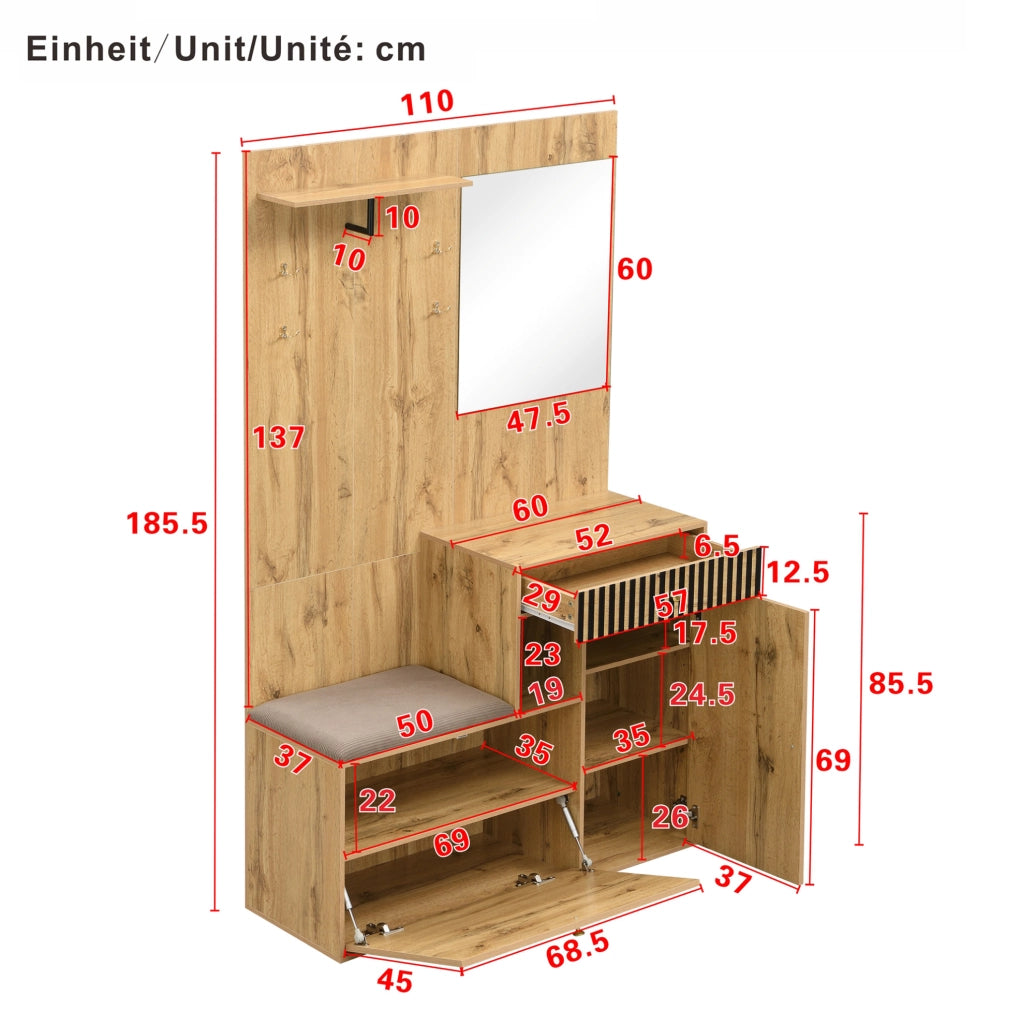 Mobile ingresso con specchio; seduta imbottita e ripiani regolabili 110 x 37 x 185;5 cm; nero e naturale