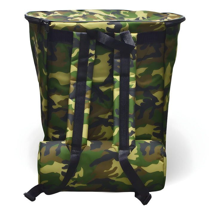 Zaino portafunghi verde mimetico con cesta Gerla in vimini per raccolta castagne