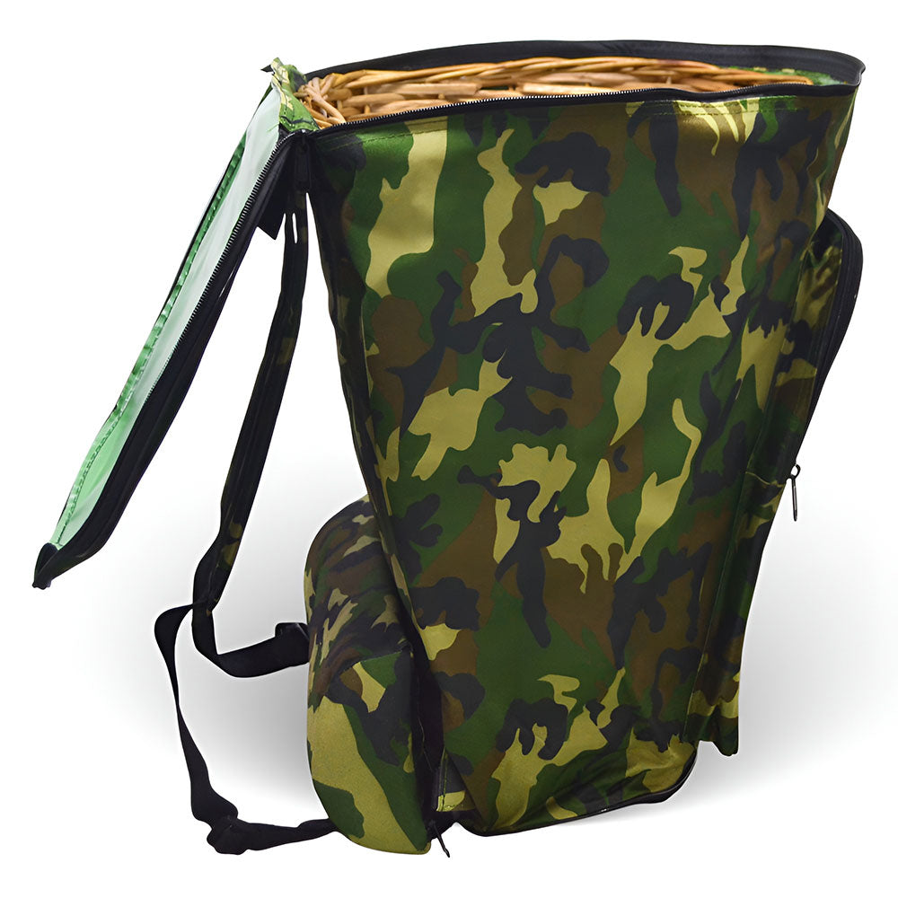 Zaino portafunghi verde mimetico con cesta Gerla in vimini per raccolta castagne