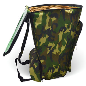 Zaino portafunghi verde mimetico con cesta Gerla in vimini per raccolta castagne