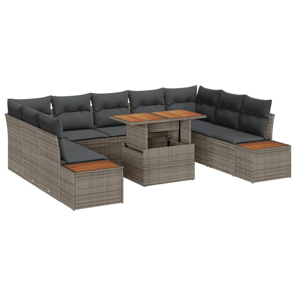Set da Giardino 10 Pezzi con Cuscini Grigio in Polyrattan e Acacia