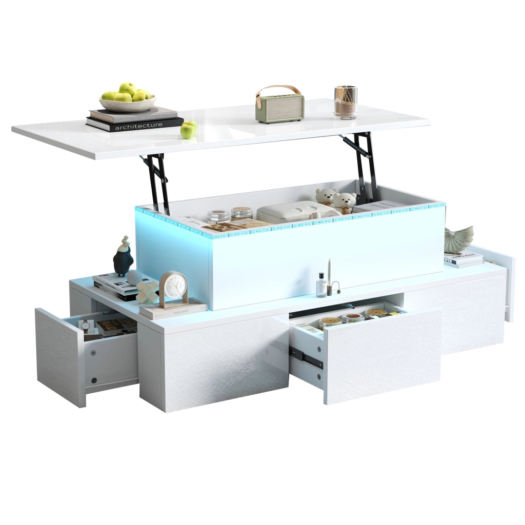 Tavolino da salotto 100x50x40 cm; piano rialzabile con LED e 4 cassetti; MDF bianco