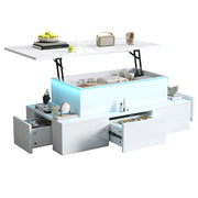 Tavolino da salotto 100x50x40 cm; piano rialzabile con LED e 4 cassetti; MDF bianco