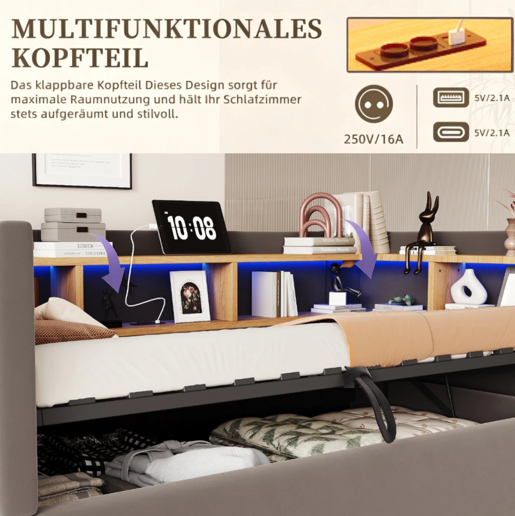Divano letto imbottito 90x190 cm con vano contenitore; LED e prese; grigio scuro
