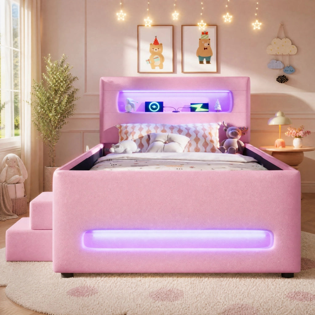 Letto a piattaforma imbottito 90x200 cm con LED; cassetto e rivestimento PU rosa
