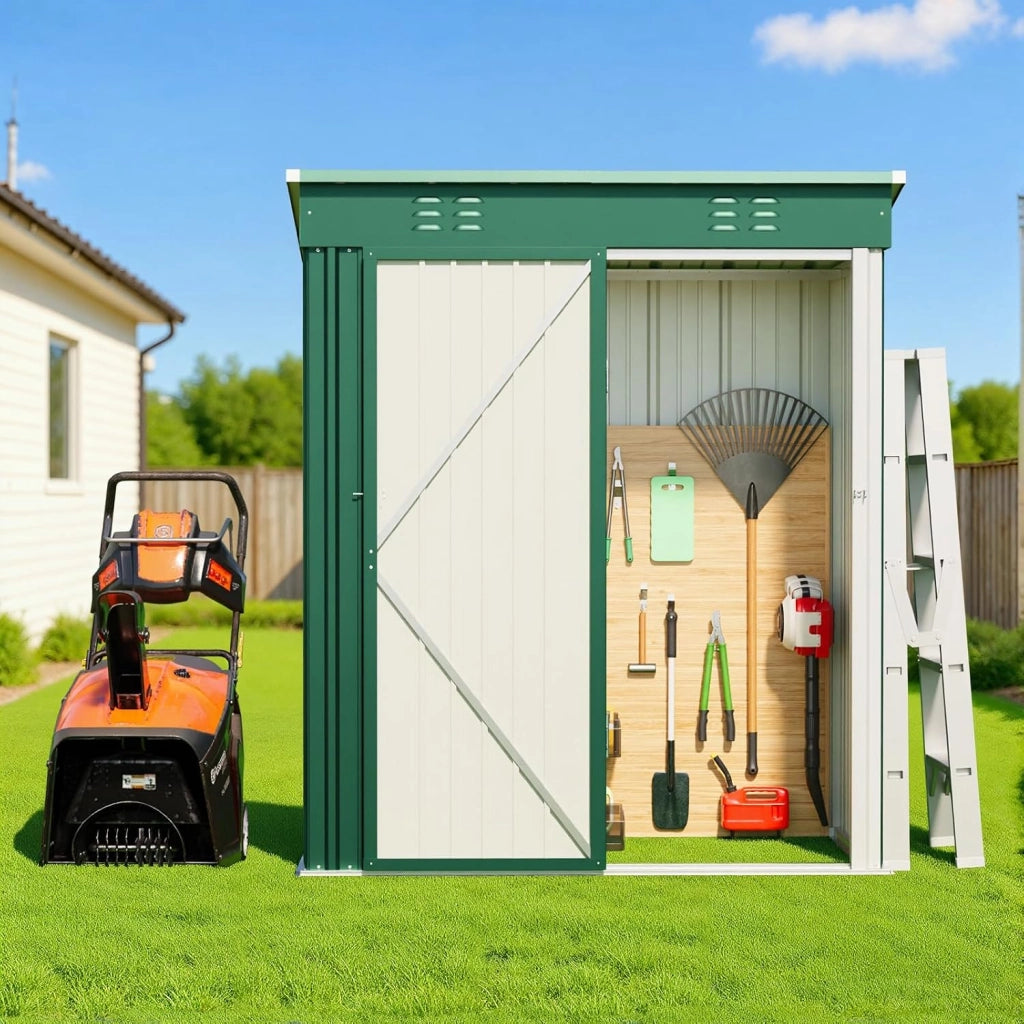 Casetta per attrezzi in metallo,Capanno per Attrezzi da Giardino in Metallo con Ripiani Regolabili, Tetto Inclinato, Prese d'Aria,per Prato, Patio e Cortile180x162x95 CM,Verde