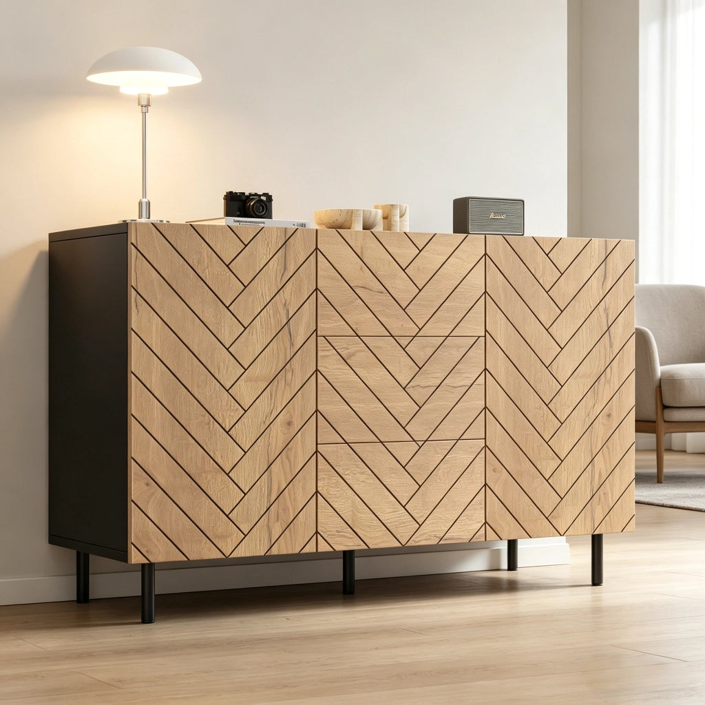 Credenza con 3 cassetti e 2 ante; per soggiorno; in truciolare; 120×40×76 cm; naturale