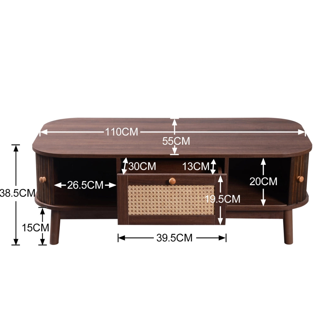 Tavolino da caffè 110 cm con rattan, ante scorrevoli e cassetti