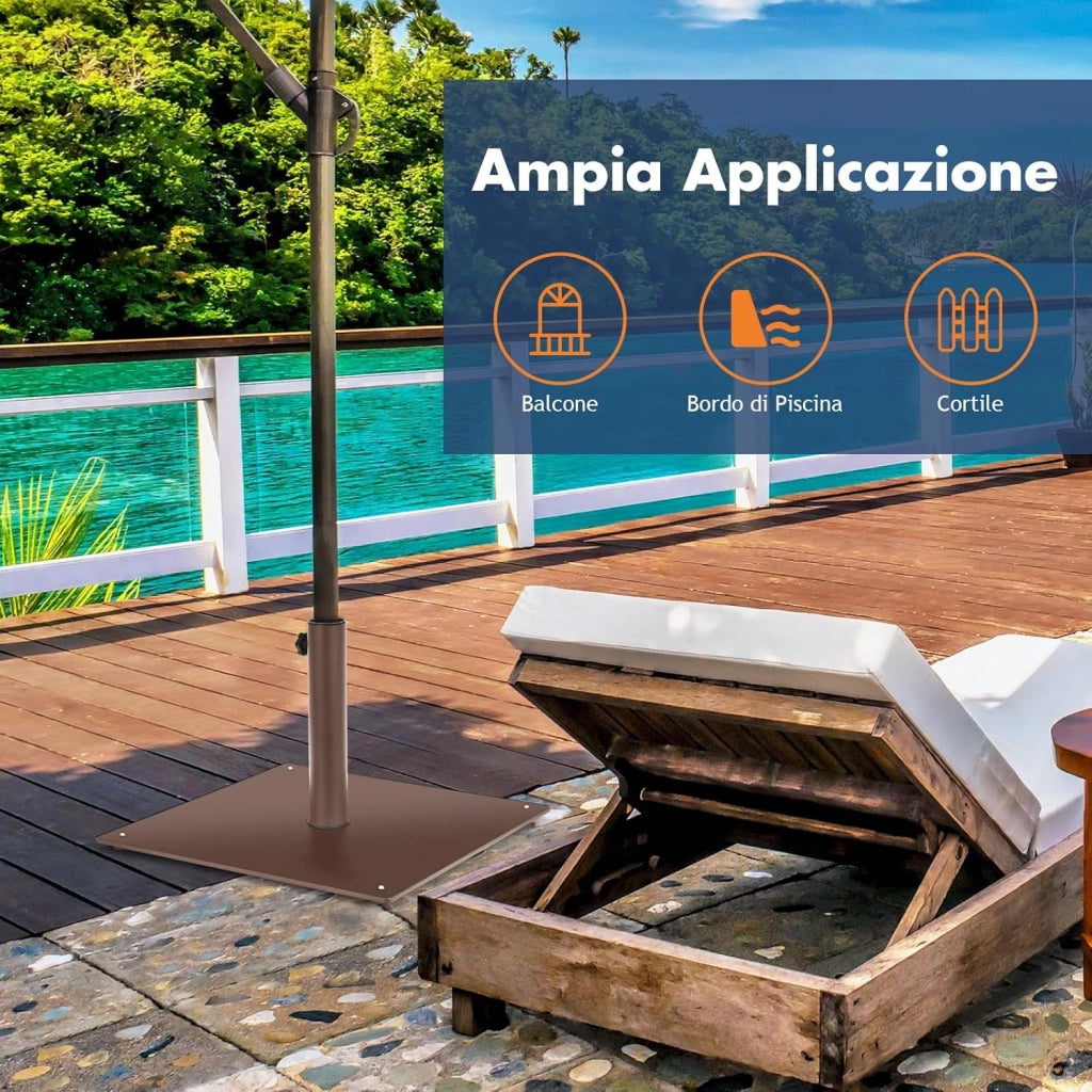 Base per Ombrellone Quadrata 50 cm, 16 kg con 4 Piedini Regolabili, Adattatori da 4cm/5cm, Supporto Ombrellone Installazione Veloce, per Patio Piscina (Marrone)