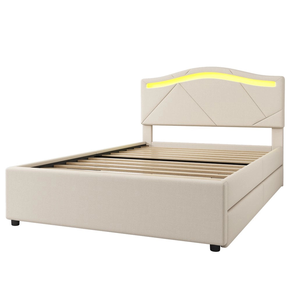 Letto Imbottito con LED e Cassetti ¨C Xylo ¨C Testiera Regolabile, Tessuto Beige, 90x200