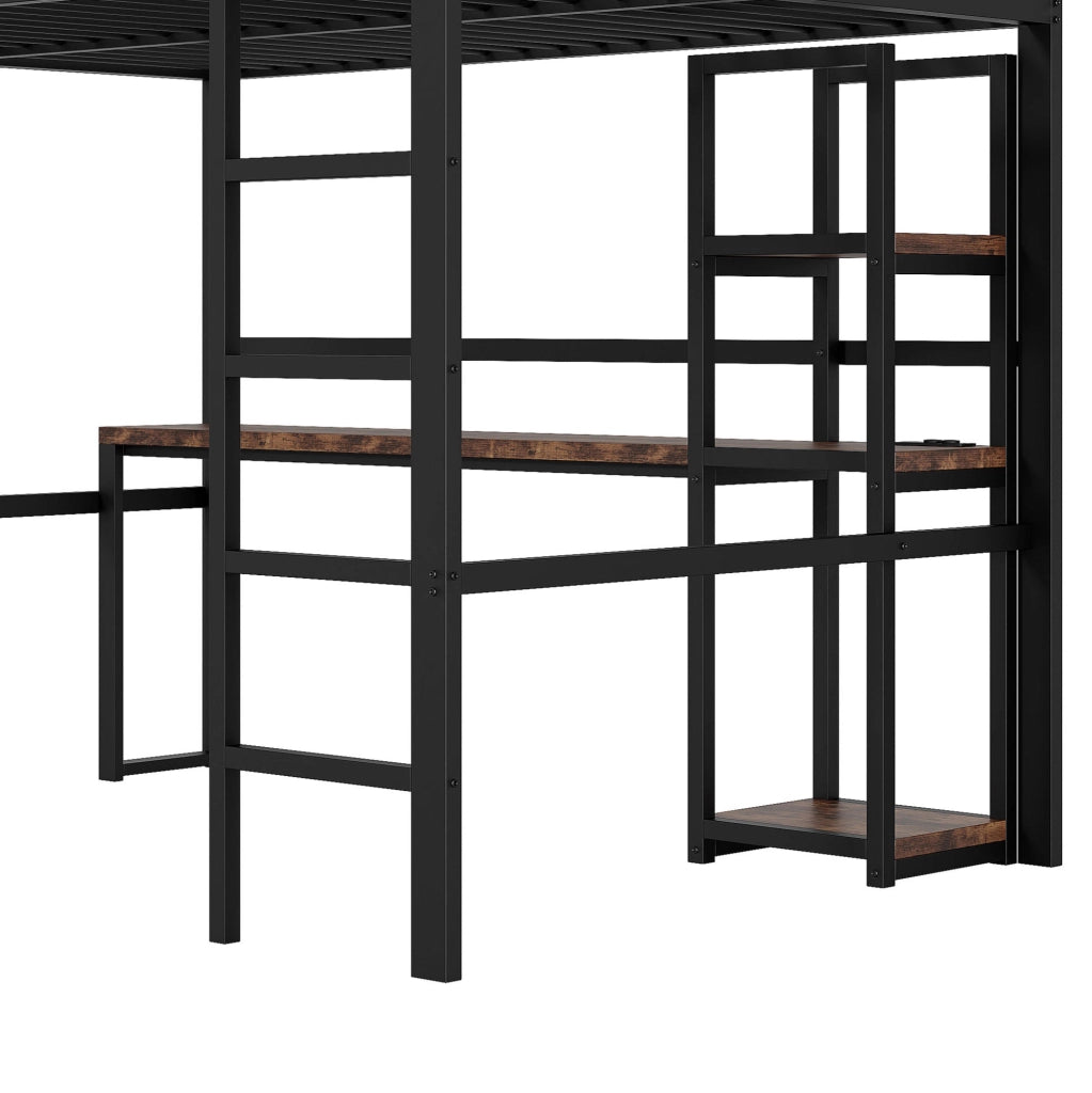 Letto a soppalco 140 x 200 cm in metallo con scrivania, scaffali e prese USB/Type-C