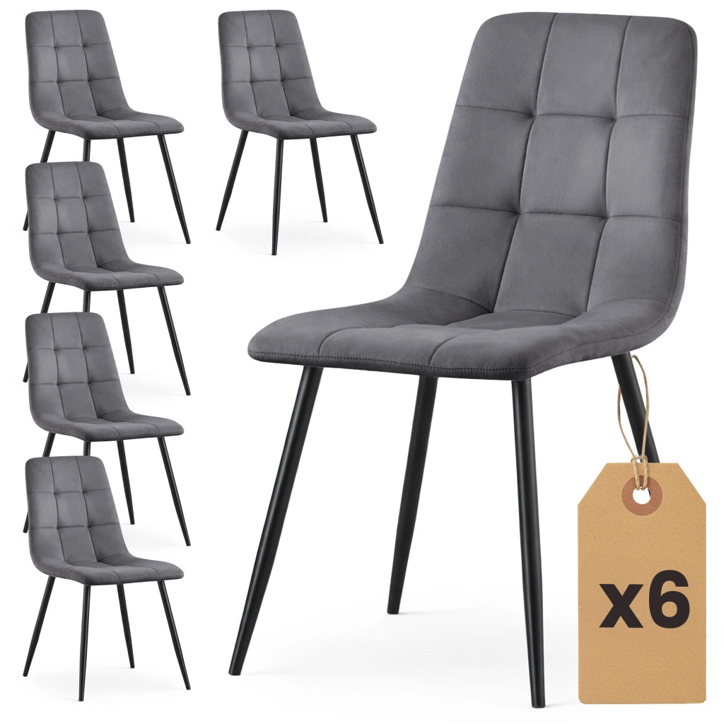 Set di 6 Sedie in velluto trapuntate NERO Grafite Scuro gambe nere