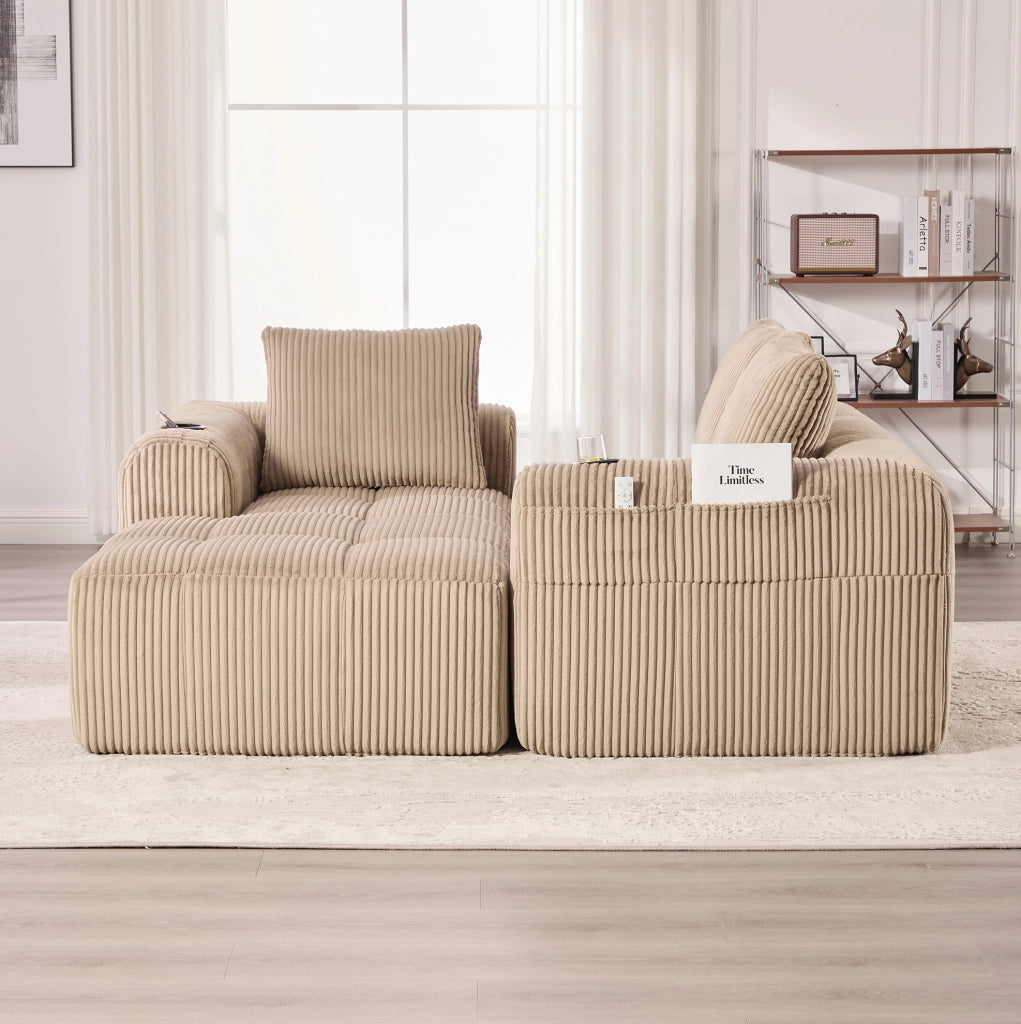 Divano modulare 253x158x61 cm con sistema combinabile DIY; tasche laterali e portabicchieri in corduroy khaki