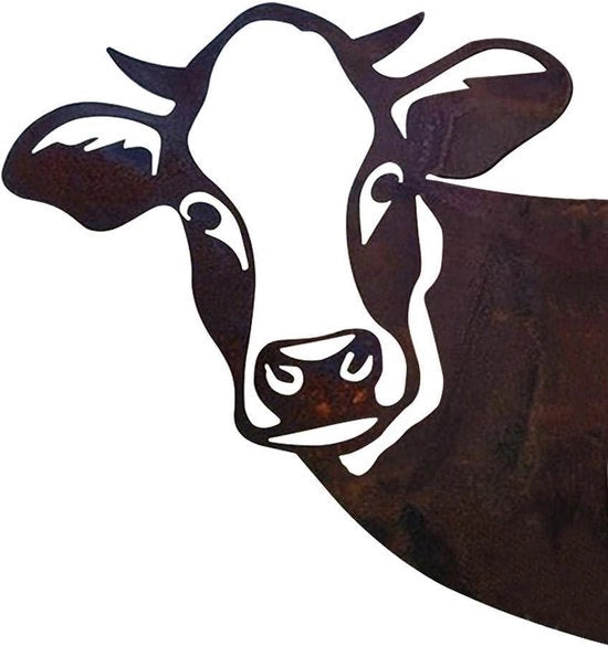 Decorazione di Murale in Acciaio Smeato - Opera d'Arte per Esterni - Scultura di Mucca in Acciaio Smeato - Decorazione per Giardino e Murale Rurale.
